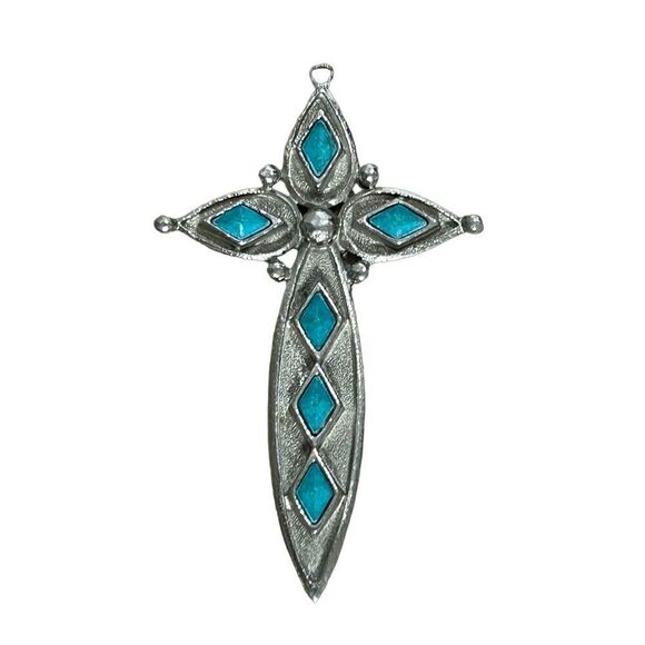 Vintage St. Labre Turquoise Cross Pendant Crucifix Silver Tone - Picture 6 of 7